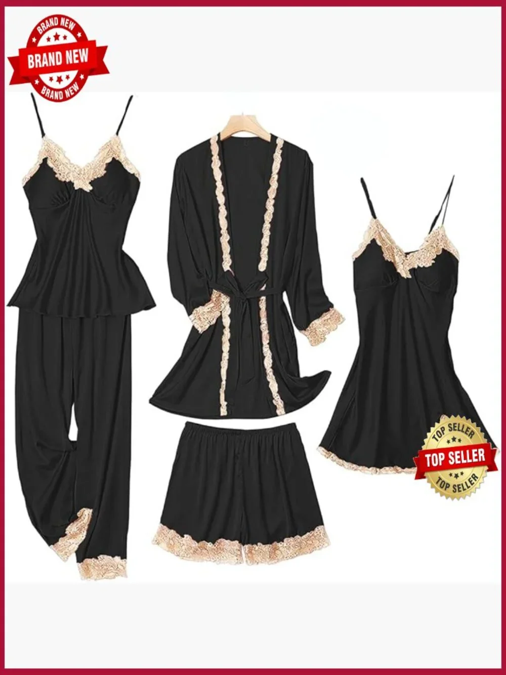5-Piece Silk Pajama Set for Women Cute Satin Sleepwear Loungewear Soft